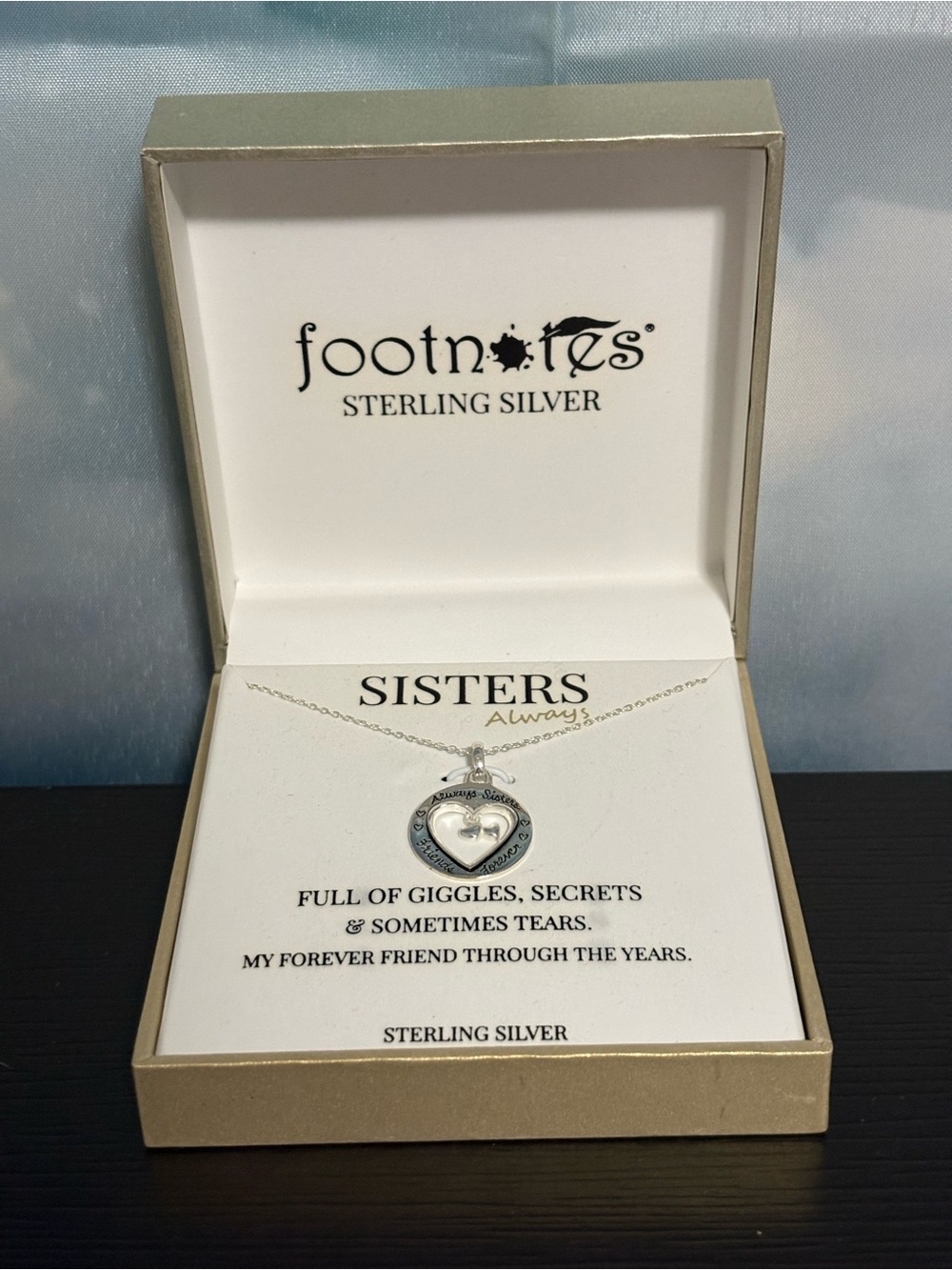 Footnotes Sterling Silver necklace heart shaped pendant dedicated to sisters NIB